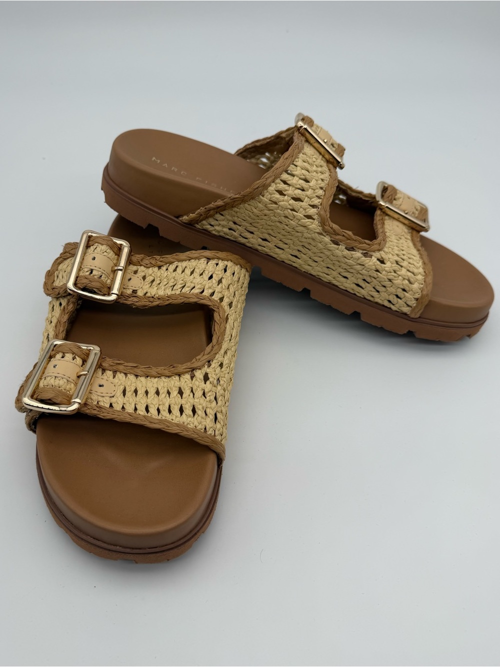 Marc Fisher LTD Woven Raffia Strap Slide Sandals Gold Buckles - 10M